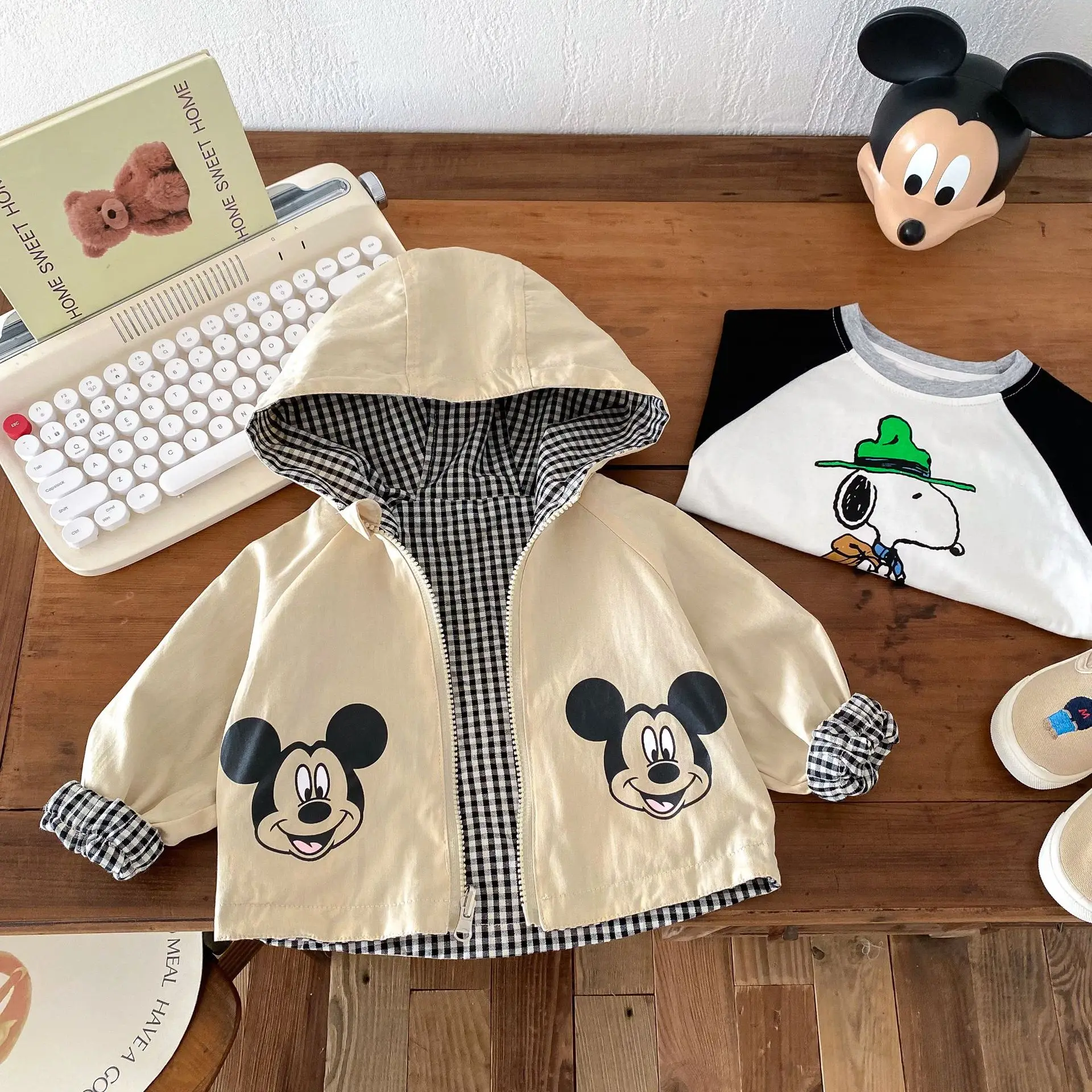 Mickey Mouse Printed Jacket for Kids Disney Cartoon Spring Double Sided Wear Hooded Outwear Khaki Autumn 0-5Y Toddler Blazer