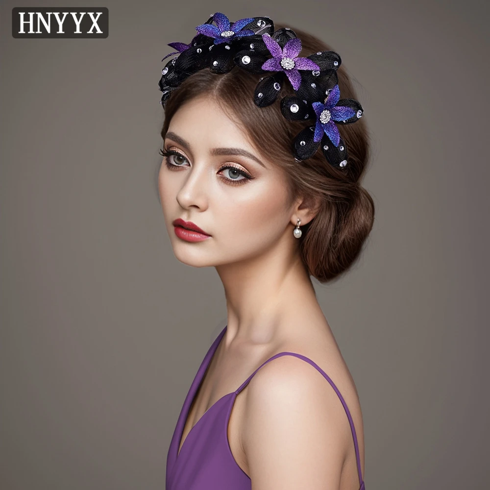 HNYYX Black Hair Accessories For Prom Retro Mesh Flower Style Handband Crystal Handpieces Elegant Women Jewelry Headwear A207