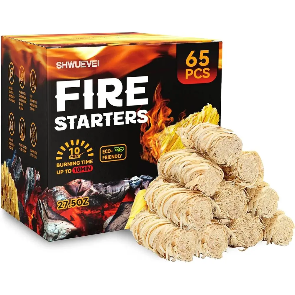Natural Fire Starters - 65 Pack Pellet Stove, Wood, Fire Pit, Smoker, BBQ, Chimney, Pizza Oven Ignition