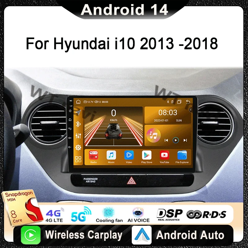 

Android 14 For Hyundai i10 2 2013 -2018 LHD 2K QLED Stereo Car Radio Multimedia Video Player AI Voice CarPlay 4G Navigation GPS