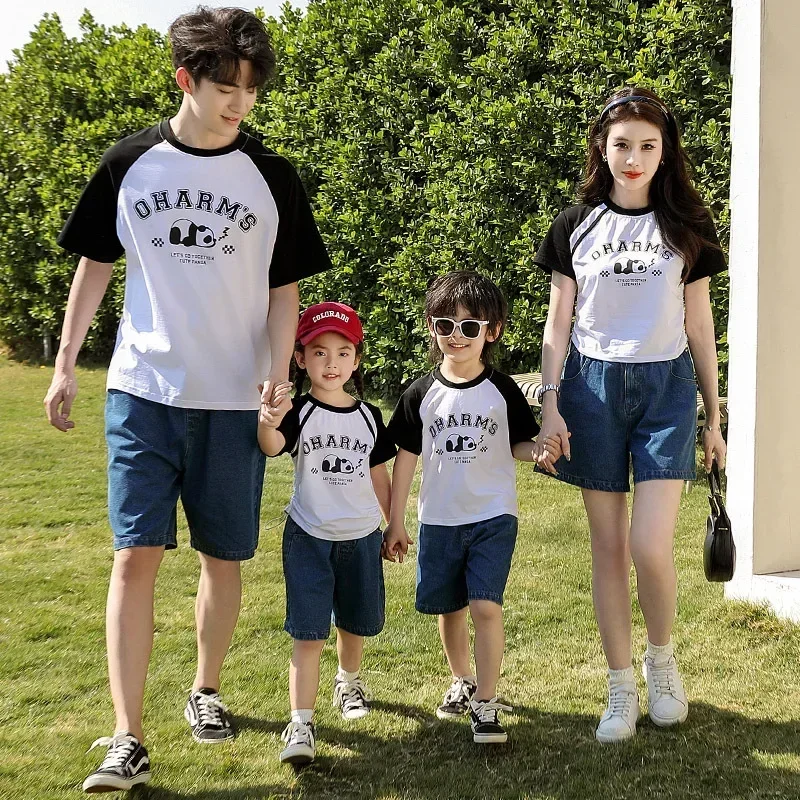 Funny Family Matching T Shirt Panda Parent-child Clothes Korean Mother and Daughter Cotton Tees Father and Son Short Sleeve Tops