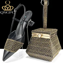 Newest Elegant Mature Style Black Color Party Wedding High Heel Pointed Toe Women Shoes and Bag full of Sequins Decoration
