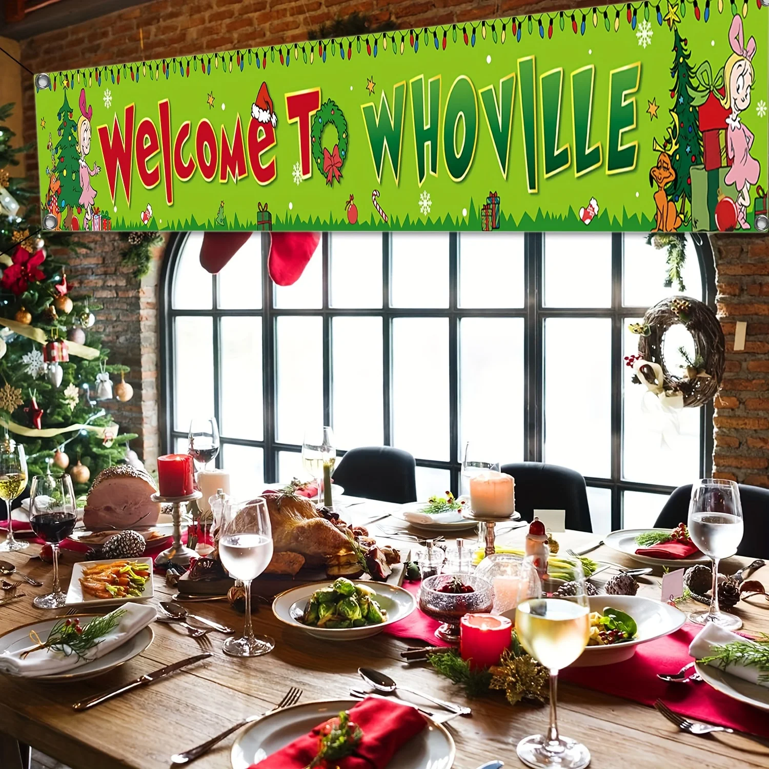 Welcome to Whoville Fence Banner Funny Christmas Winter Holiday Party Decor Christmas Yard Porch Sign Decoration Photo Booth