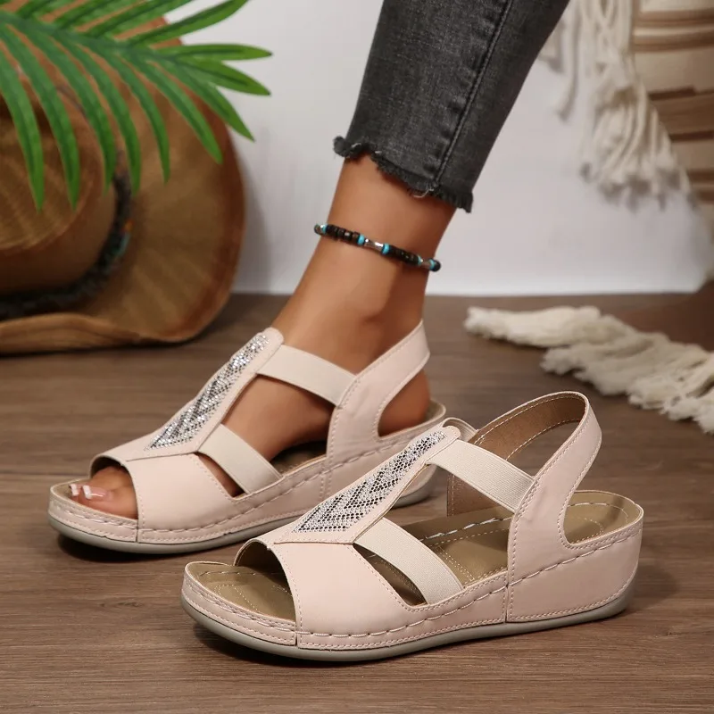 Women's Black Rhinestone Wedge Sandals - Open Toe Elastic Ankle Strap 5CM Heel Comfortable Casual Summer Walking Shoes