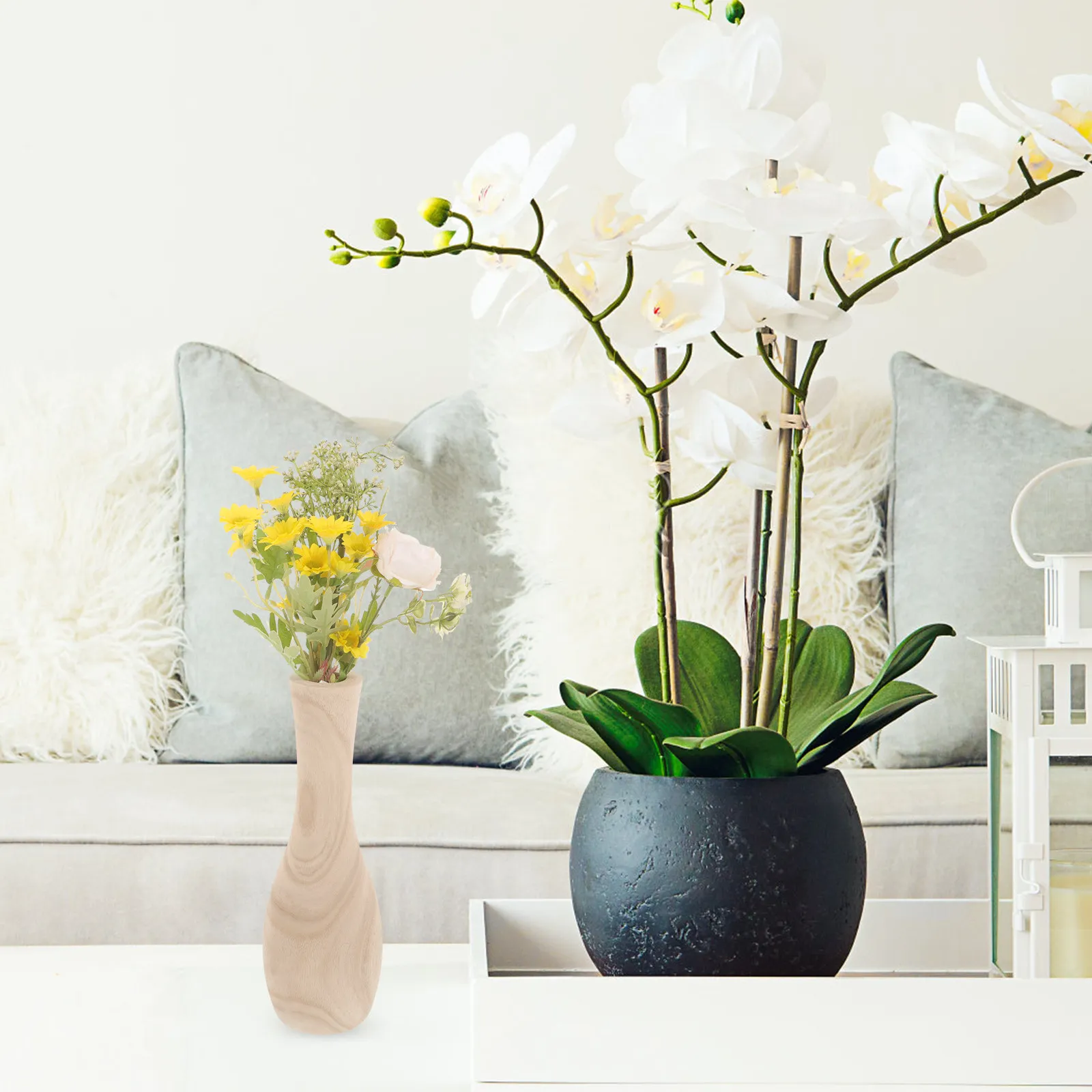 Wooden Flower Vase – Rustic Pine Tabletop Vase for Dried & Fresh Flowers, Home Office Decor Centerpiece