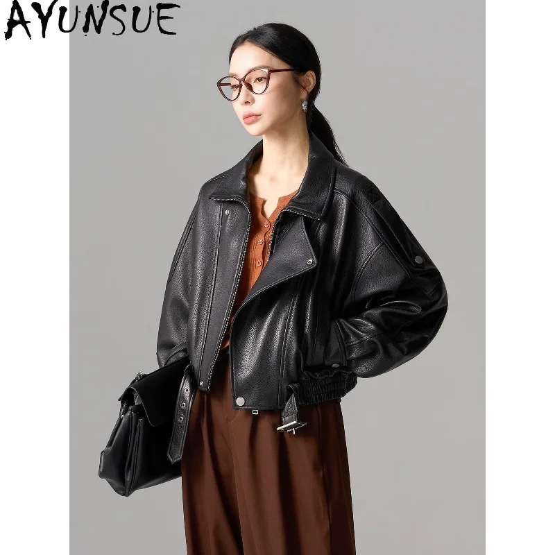 AYUNSUE Real Leather Jackets for Woman 2026 Short Fashion Long Sleeve Tops Motorcycle Style Black Jacket Woman Clothes 신상아우터