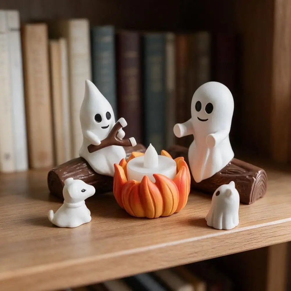 5PCS Resin Halloween Ghost Campfire Dog Cat Statue LED Candle Cartoon Ghost Campfire Gathering Night Light Mini 3D