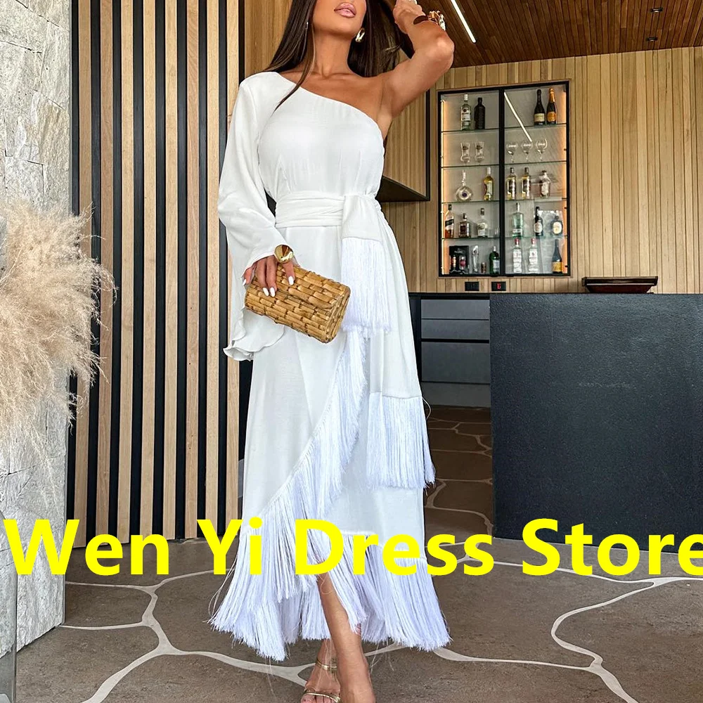 White Straight Jersey Long Sleeves One Shoulder Classic Celebrity Dress Tea Length Pleats Tassel Bespoke Occasion Gowns Classic