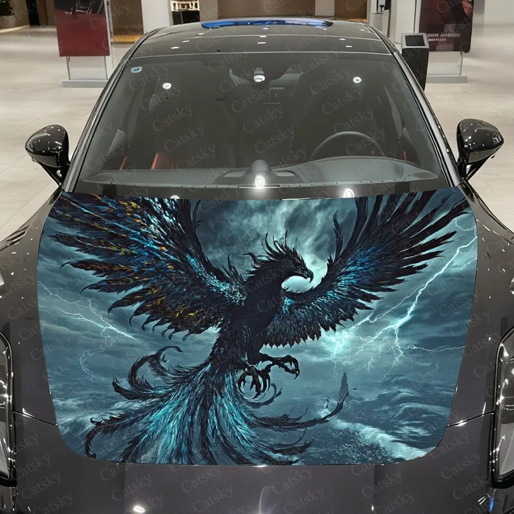 

Ice Blue Thunder Phoenix Car Vinyl Wrap, PVC Waterproof Car Hood Sticker, Self-Adhesive Scratch-Resistant Stickers