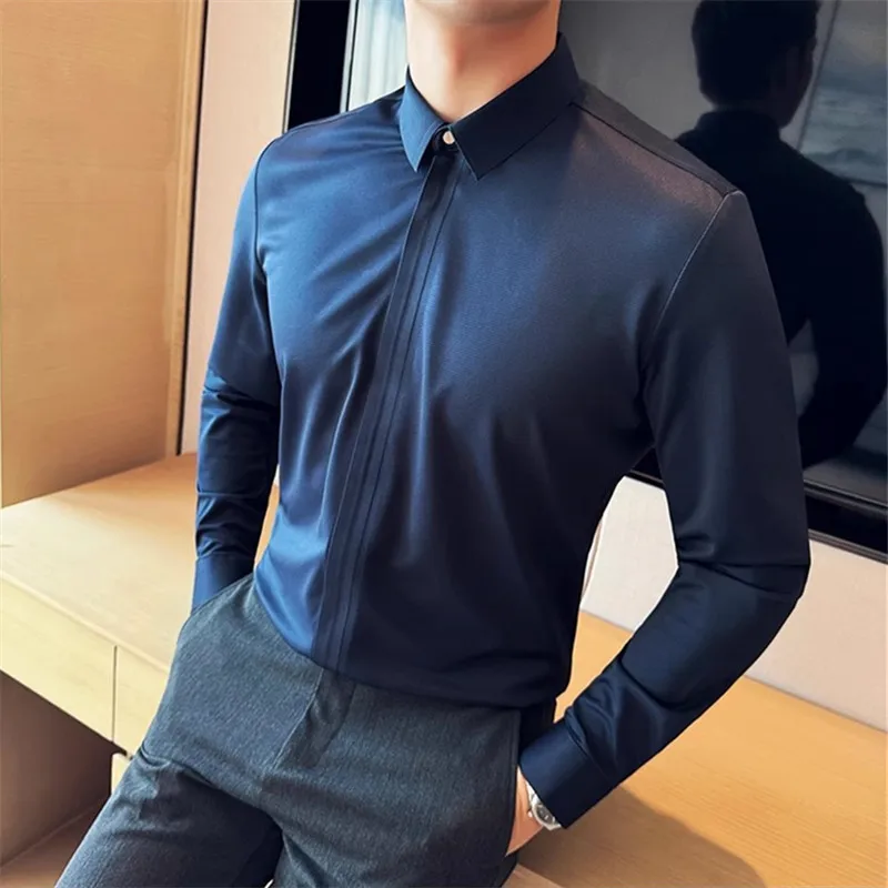 New High Quality Casual Shirt For Men Fashion Zipper Long Sleeve Solid Color Smart Casual Slim Fit Turn Down Collar Mens Blouse
