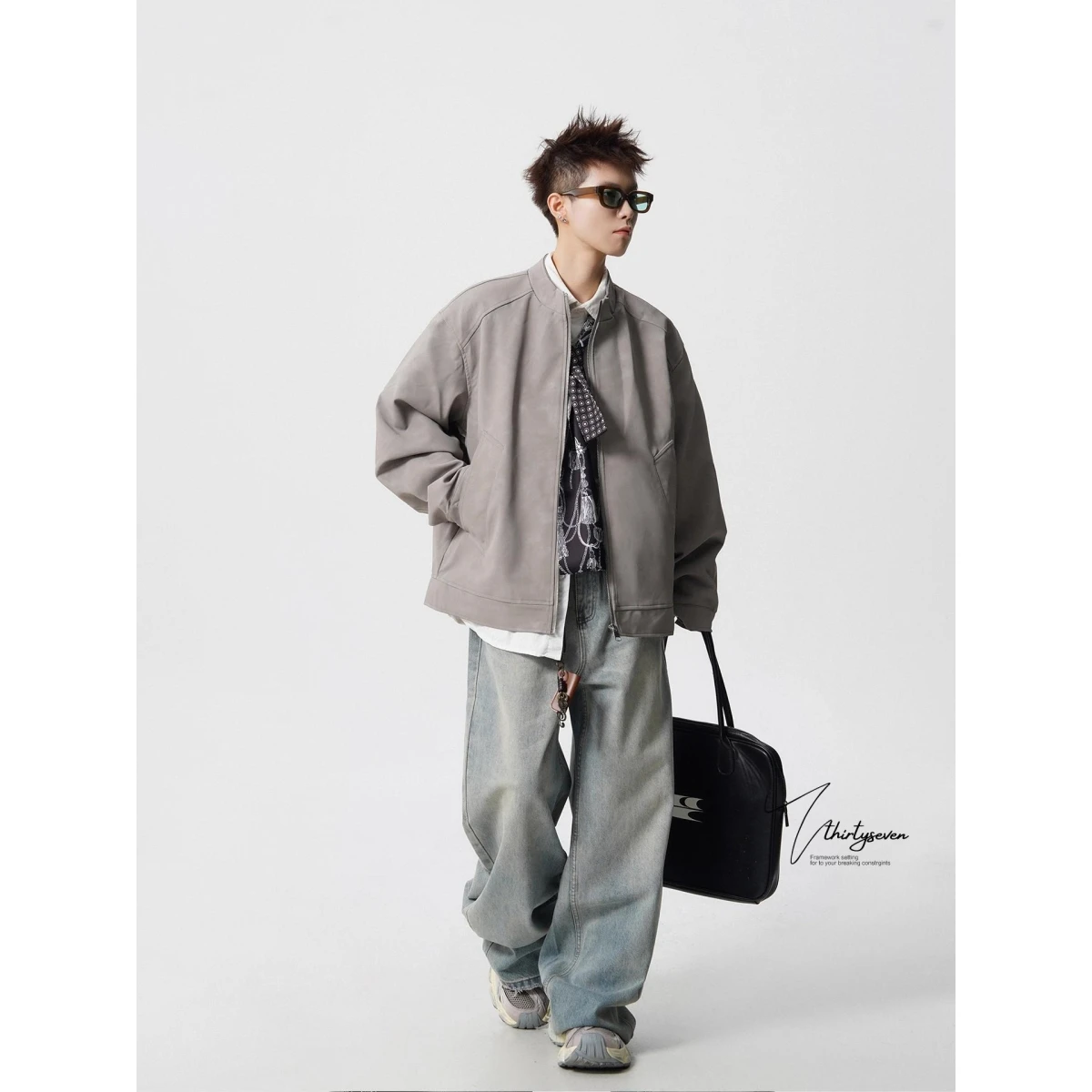 

Retro Cleanfit Faux Leather Jaet Men's Autumnal American Marble Pattern Stand Collar Coat Warm Casual Sle High Gloss PU Skin