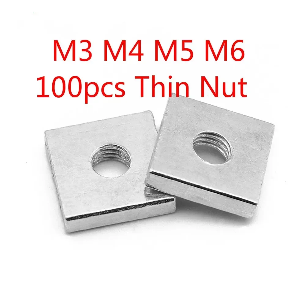 100pcs Square Nut M3 M4 M5 M6 Carbon Steel Galvanized Zinc Plated Thin GB39 DIN 562 Quadrangle Block Compatible with Prusa MK3