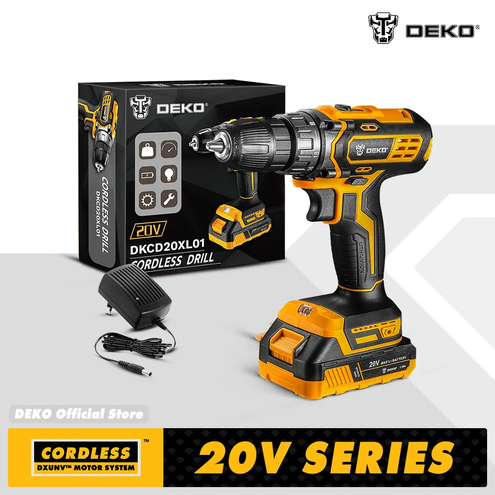 DEKO 20V Cordless Drill 2 Speed Rechargeable Electric Screwdriver Lithium Battery Household Multi-function Power Tools