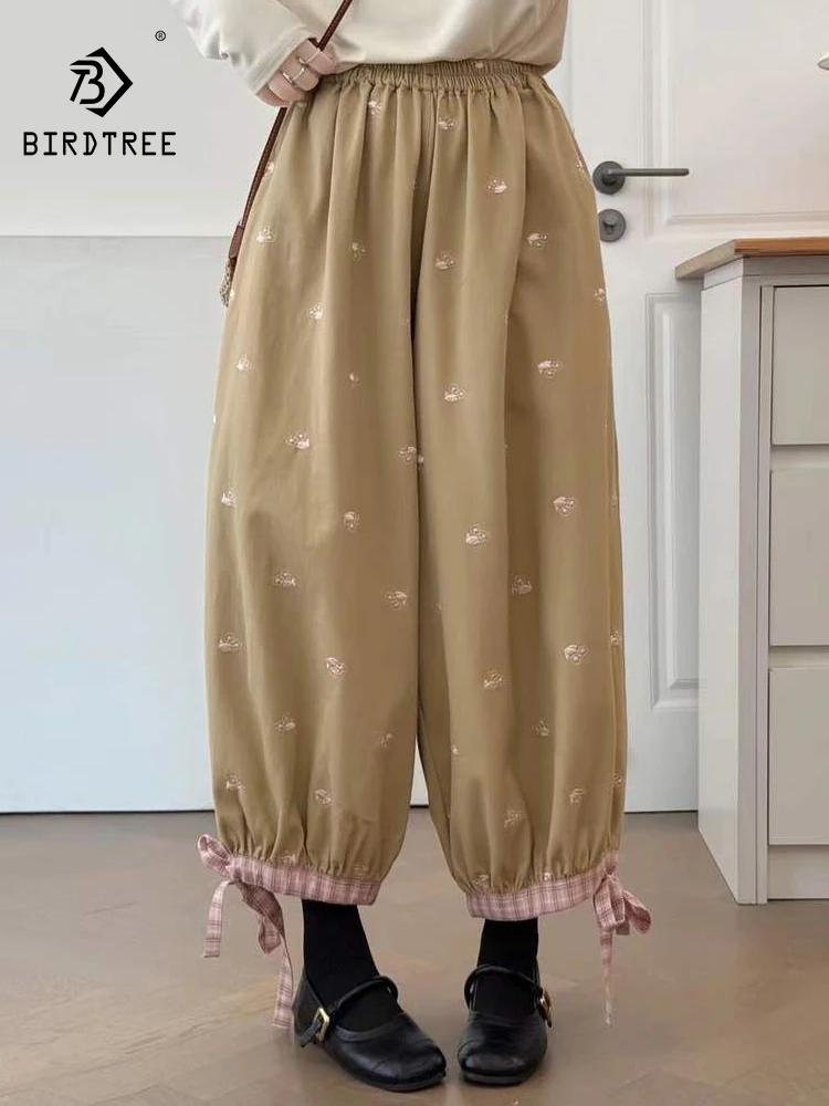 

New 2026 Spring Women Cotton Harem Pants, Elastic Waist Embroidery Plaid Patchwork, Mori Girl French Vintage Trousers B61456CC
