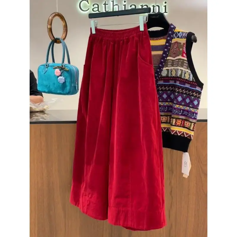 Red Corduroy Wide Leg Pants Women's 2025 Autumn Popular New High Waist Skinny Elastic Waist Fashion Casual Pants