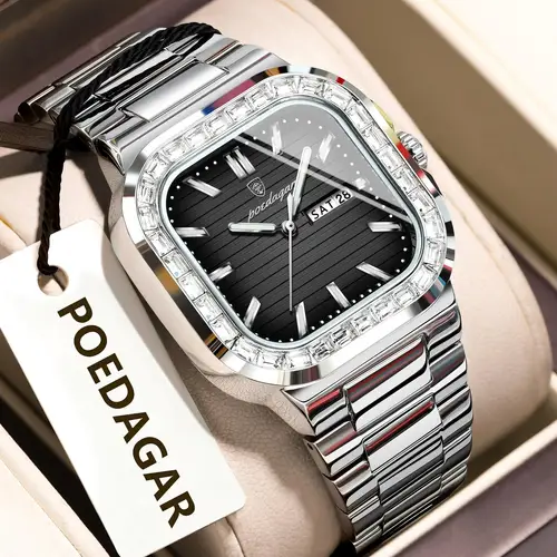 Imagen 2 del producto POEDAGAR, reloj cuadrado a la moda para hombre con fecha y semana, reloj de cuarzo luminoso resistente al agua para hombre, relojes deportivos de lujo de acero inoxidable para hombre