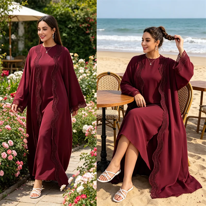 

2PCS Eid Muslim Sets for Women Lace Kimono Cardigan With Inner Dress Dubai Abaya Turkey Kaftan Islam Jalabiya Kebaya Caftan Robe