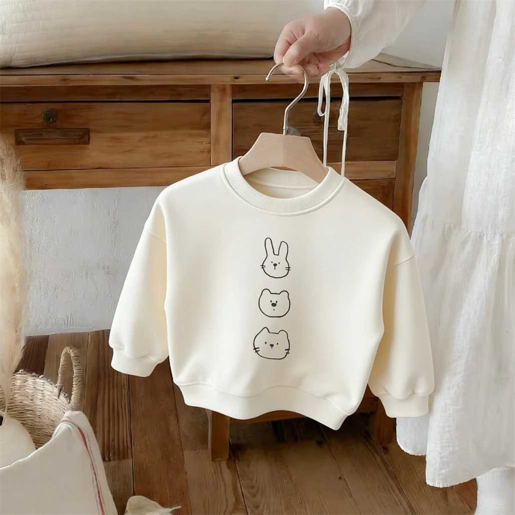 Girls Lovely Sweatshirts Pink Beige Long Sleeve Simple Cartoon 2026 Autumn Clothing Round Neck Pullovers 1-6Years Old Kids Tops