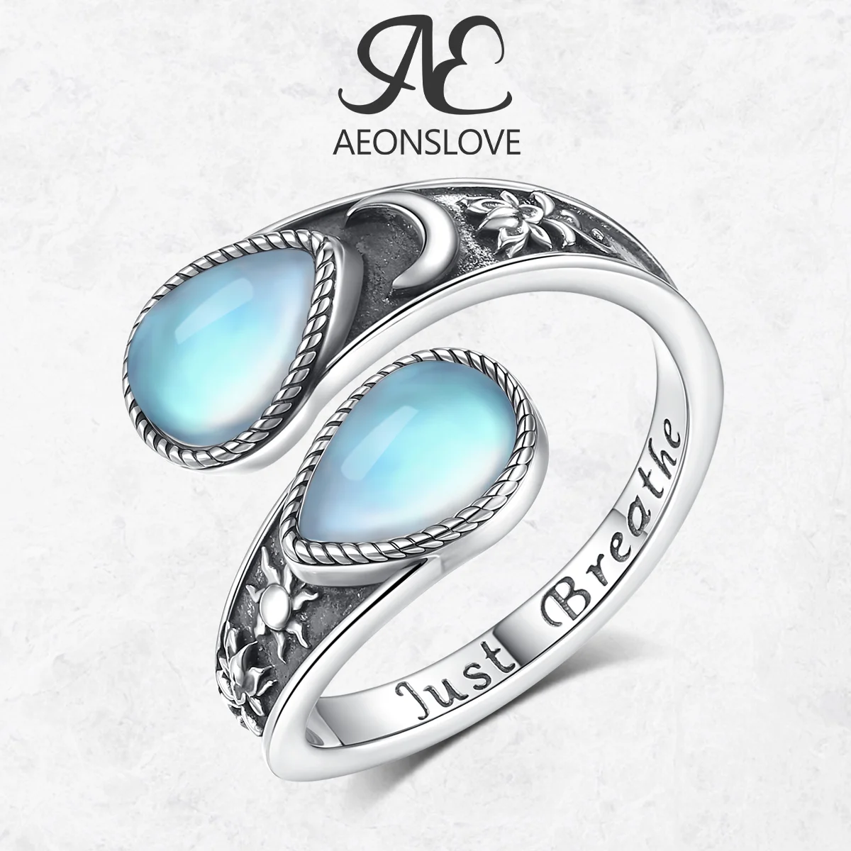 

AEONSLOVE 925 Sterling Silver Moonstone Spoon Ring Sun Moon Lotus Adjustable Rings Just Breathe Healing Jewelry Gift for Women