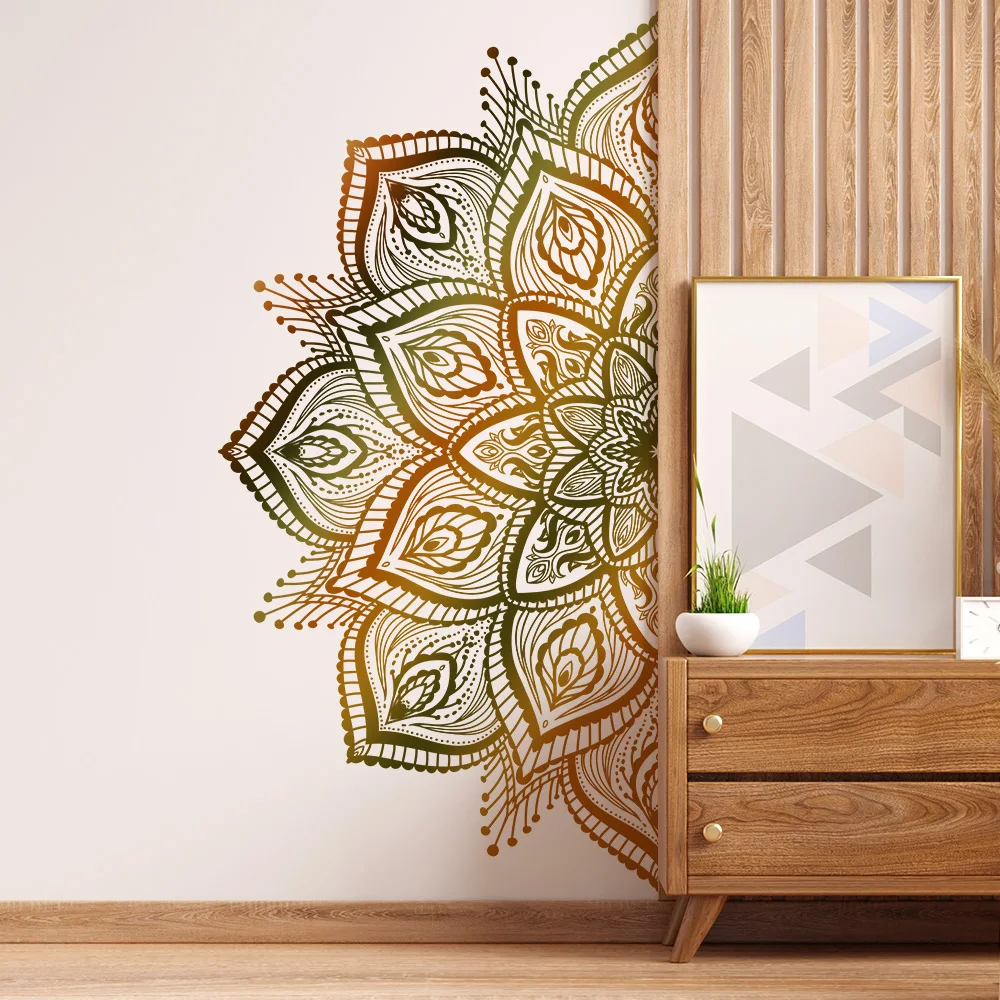 ملصقات حائط ماندالا ذهبية داكنة لتزيين جدران غرفة المعيشة وغرفة النوم، ملصق ديكور ذاتي اللصق باللون الأسود النقي