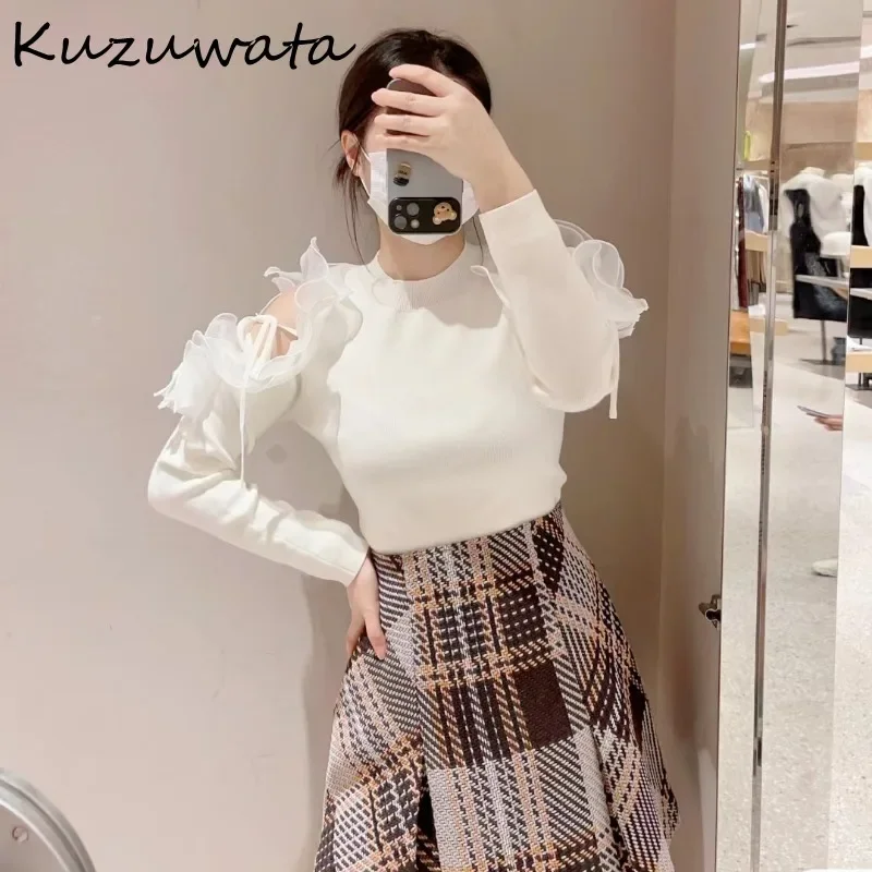 Kuzuwata O Neck z długim rękawem słodki, świeży sweter na ramię bez ramiączek jednolita, elegancka grzyb swetry japonia modne swetry z dzianiny