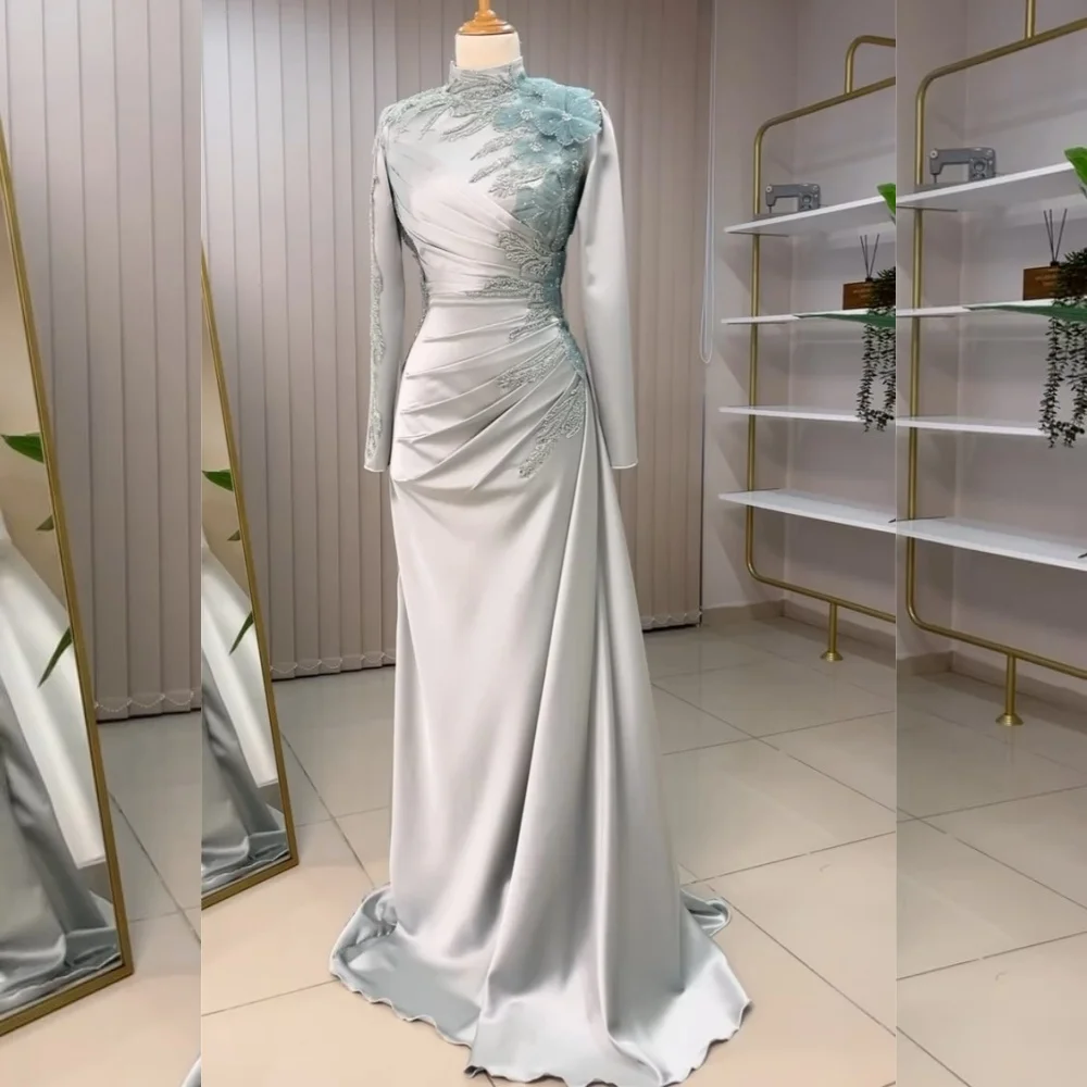 

Customized Fashion Elegant Charmeuse Sequined Flower A-line High Collar Long Dresses Bespoke Occasion Sexy