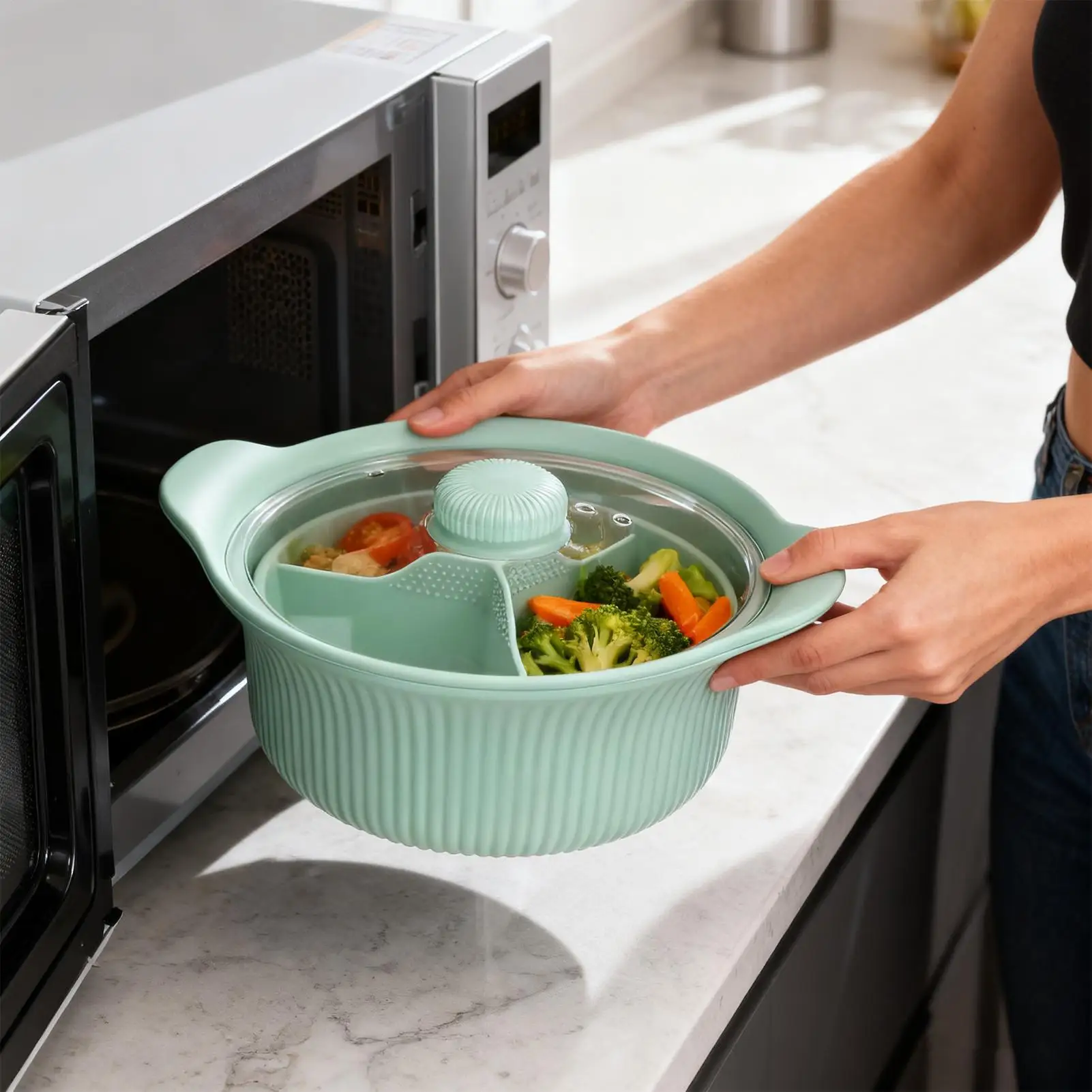 

Силиконовая пароварка для микроволновой печи, 3 отделения, кастрюля для микроволновой печи, термостойкость, многофункциональная чаша для пароварки, портативная кастрюля для фритюрницы, легкая