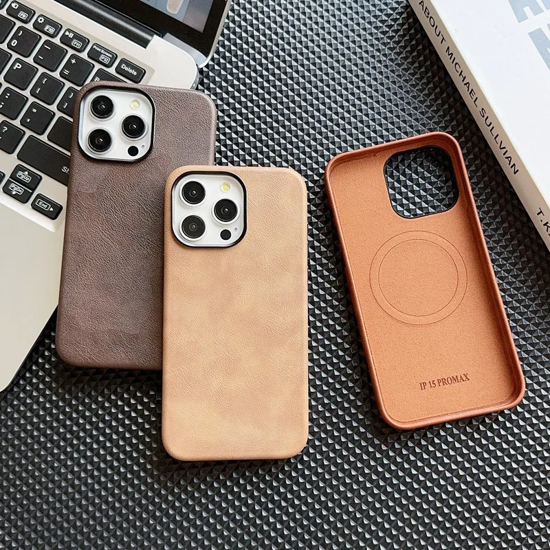 Retro High-end Leather Texture Magnetic Case For iPhone 16Pro Max 15 Pro 14 13 12Pro Max Crazy horse texture Luxury Case 16plus