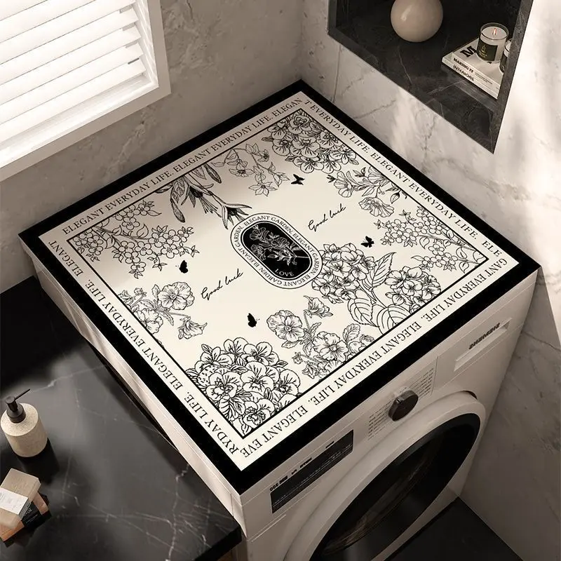 VIKAMA Monochrome Tile Mosaic Washing Machine Top Mat Floral Patchwork Pattern Frame Water Resistant Non Slip Kitchen Balcony