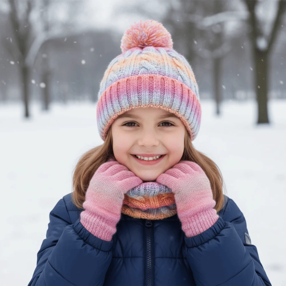 

Gradient Color Baby Hat Scarf Gloves Set Cute Pompom Thickened Toddler Knitted Hat with Velvet Warm Ears Hat Set