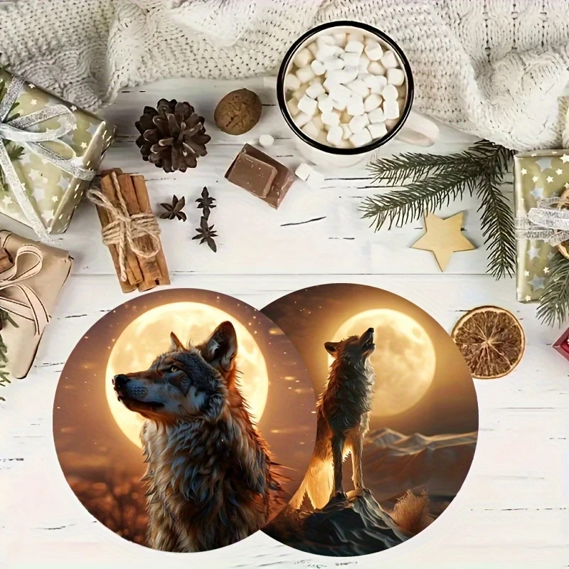 6 Pieces 2D Wooden Coasters Wolf Theme Desktop Insulation Mats Home Decor Coffee Mug Coasters For Office Restaurant