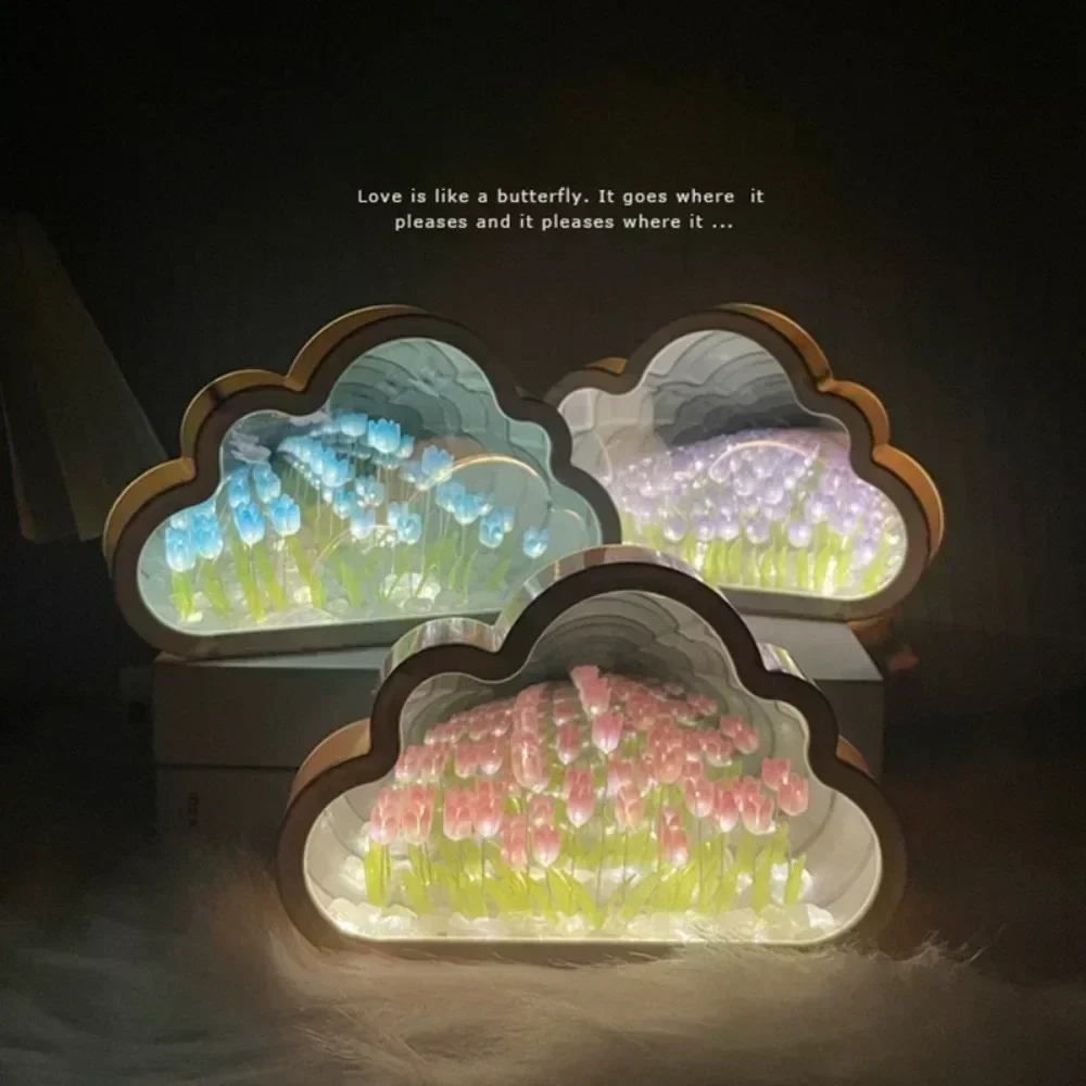 2024 Hot Handmade DIY Tulip Cloud Flower Sea Night Light Atmosphere Light Mirror Light Transparent Mirror Valentine's Day Gift