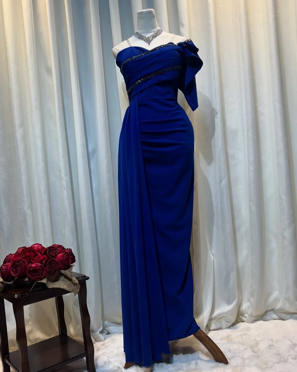 

Customized Sizes Available Formal Jersey Rhinestone Beading Sequined Straight One-shoulder Long Dresses Bespoke Occasion Dresses
