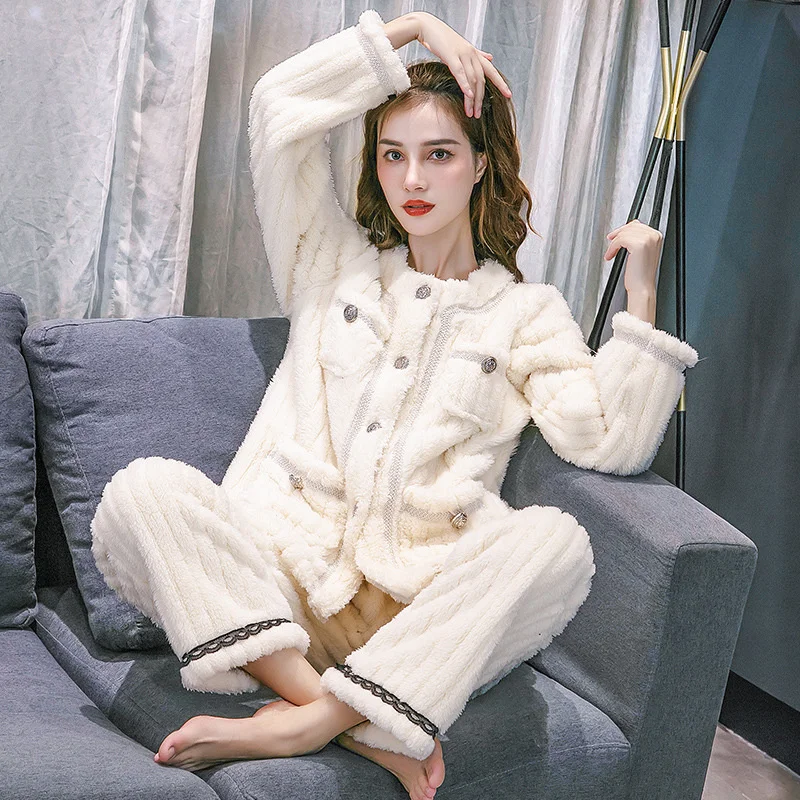 

Winter Pajama Set Women Flannel Fleece Warm 2pcs Sleep Suit Pajams Winter Thicken Nighty Thermal Nightwear Pyjama Set Sleepwear