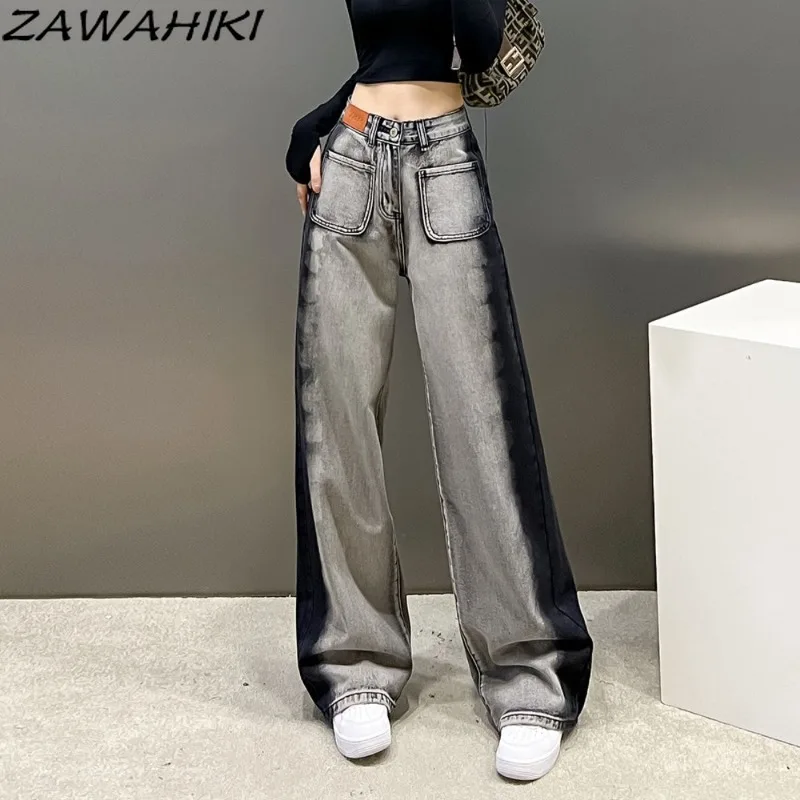 

ZAWAHIKI Women High Waist Jeans Chic Designed Straight Wide Leg Spring Summer New Arrive Contrast Color Fashion Vintage Pants