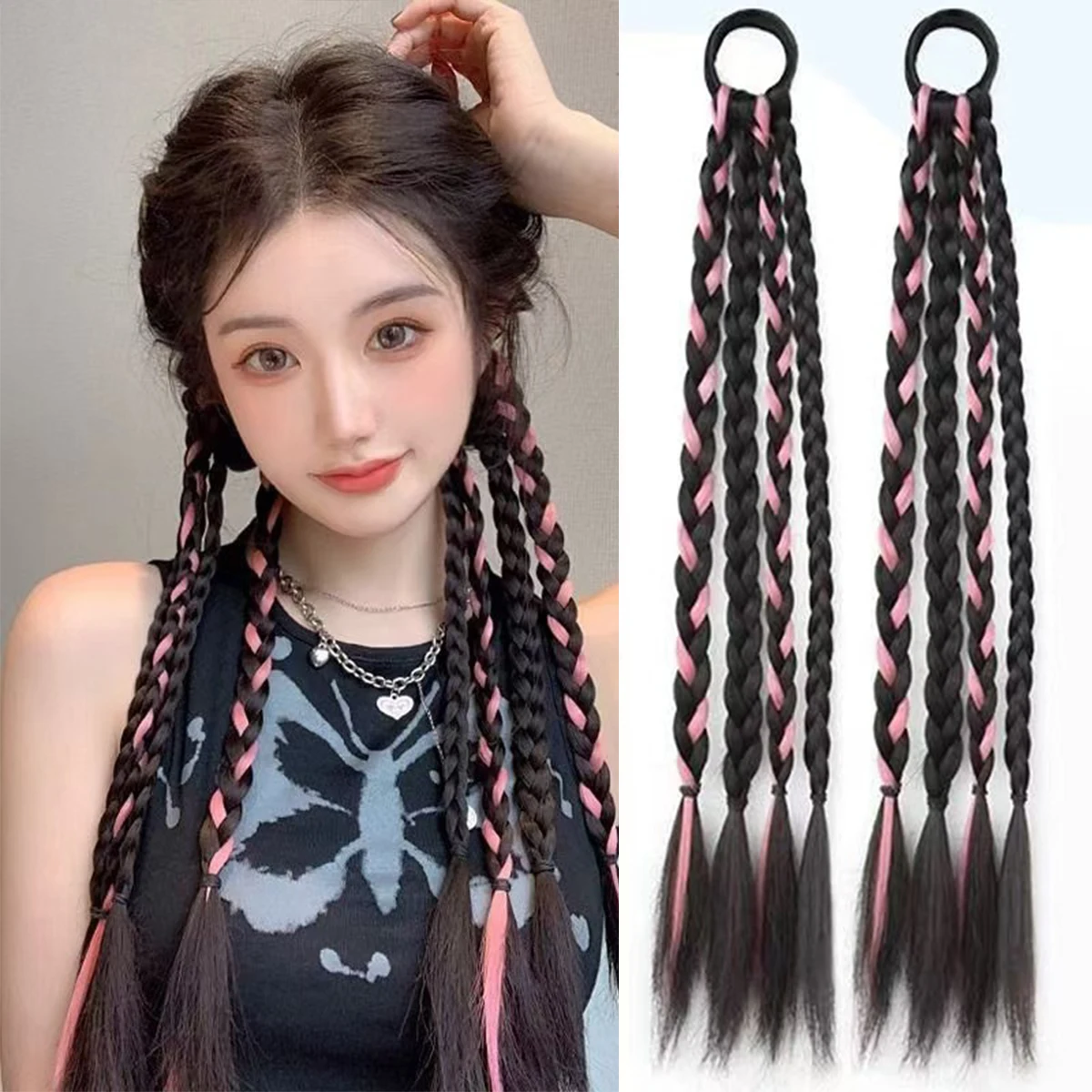 Rambut lurus sintetis tinju dikepang wig ekor kuda wanita lucu ekstensi rambut ekor kuda ganda menyoroti tahan panas