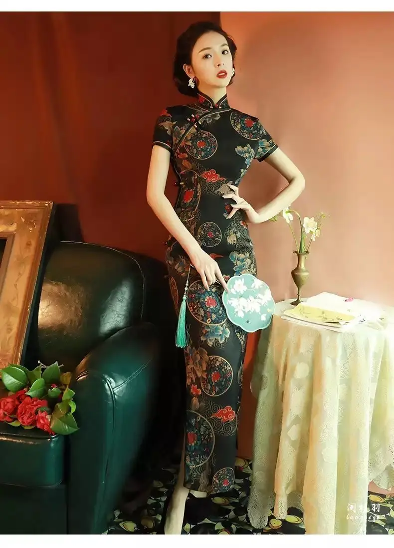 

Yourqipao Old Shanghai Chinese Retro Cheongsam Long Evening Dresses 2023 Vintage Qipao Hanfu Skirt Dress For Women Prom Gowns