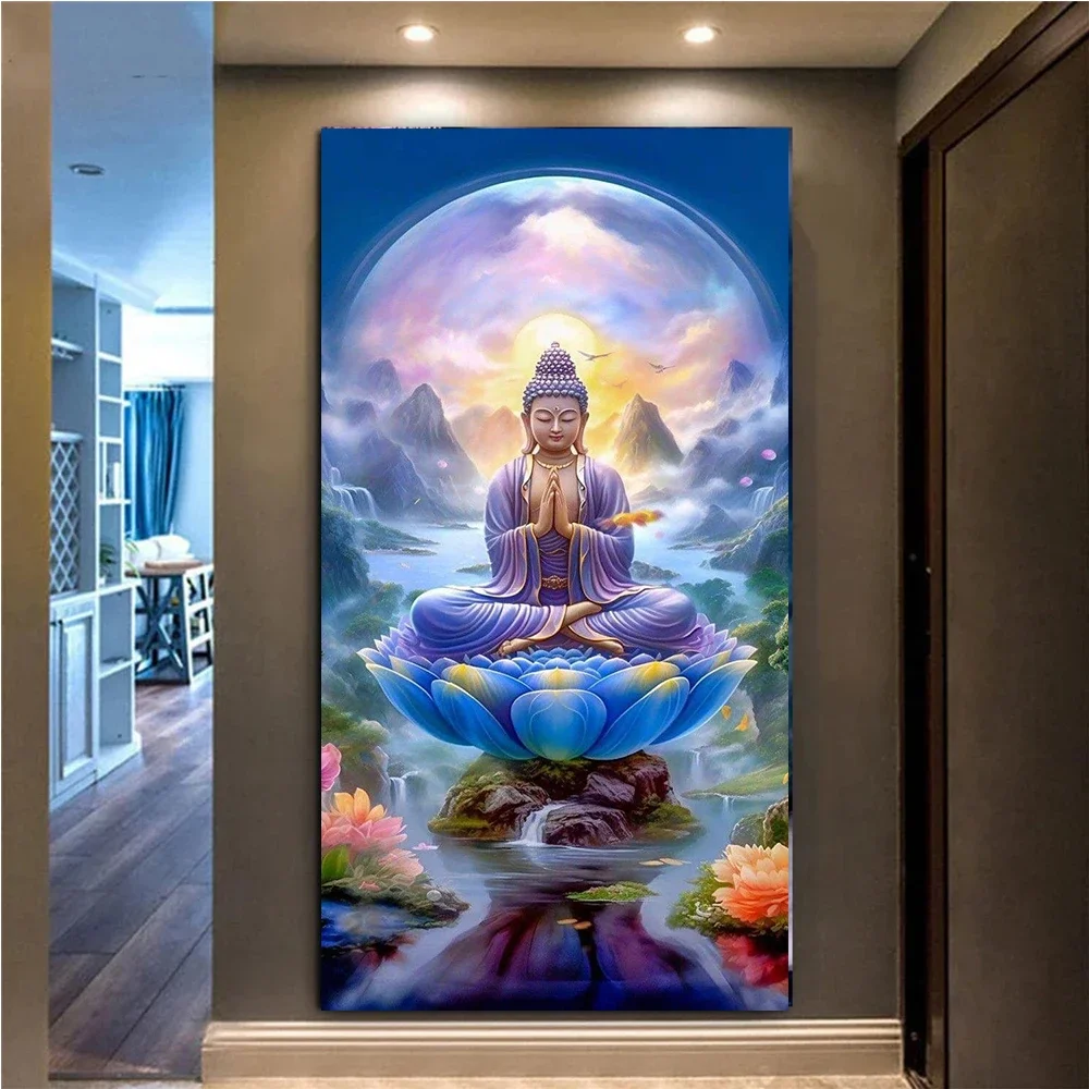 Diy Full Diamond Arts Religion Buddha Lotus Painting Large Size Mosaic Embroidery Retro Buddhism Zen Picture Wall Decor X1468