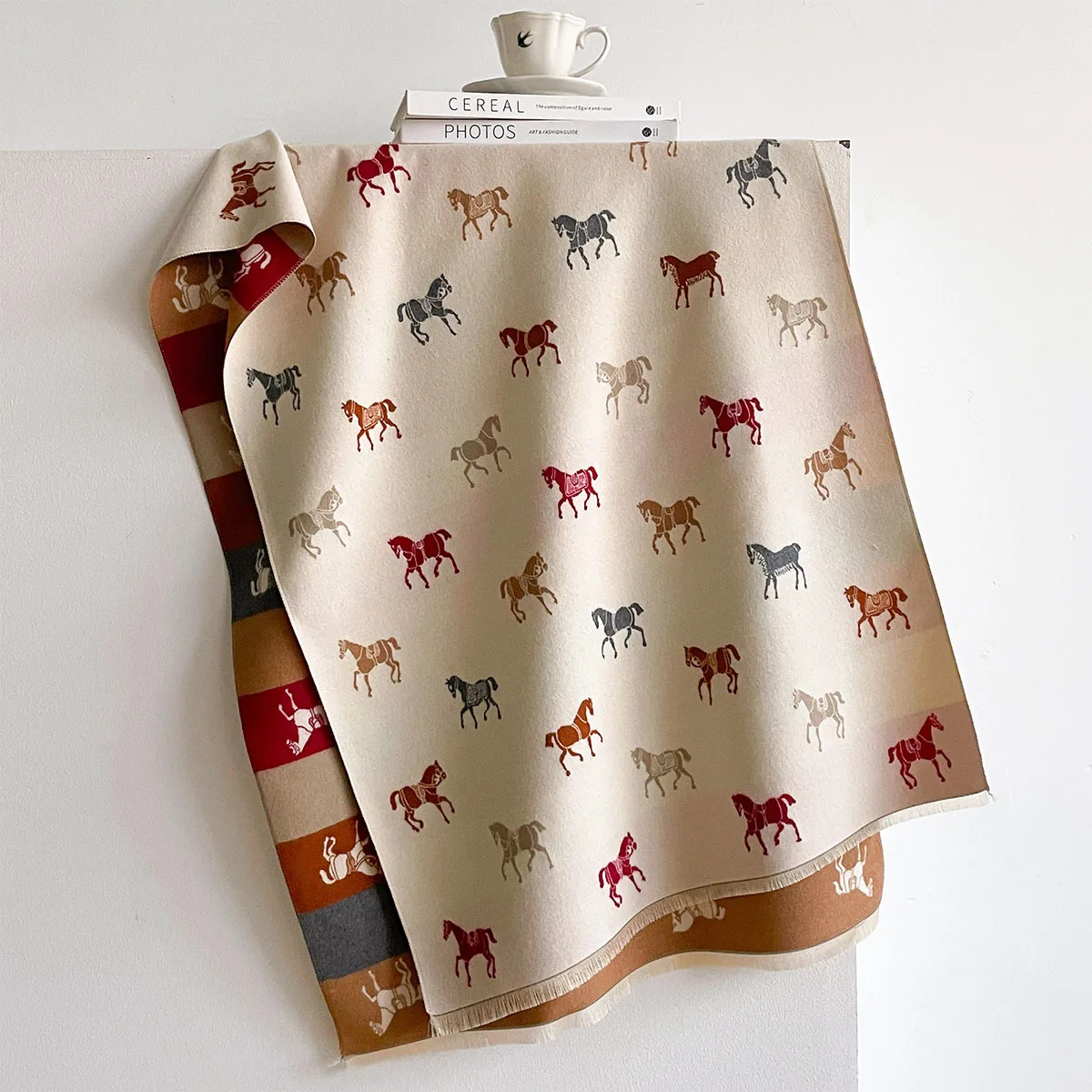 Winter High Grade Faux Cashmere Shawl Women Cream Vintage Elegant Equestrian Horse Motif Thick Cozy Warm Large Wrap Scarf