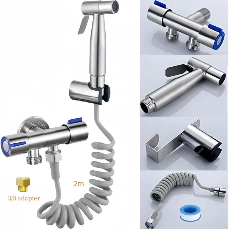 

Hygienic Shower for Toilet in Stainless Steel with Bidet Faucet, 3/8Brass adapter，Bidet Hose ， Bidet Shower for Complete Toilet