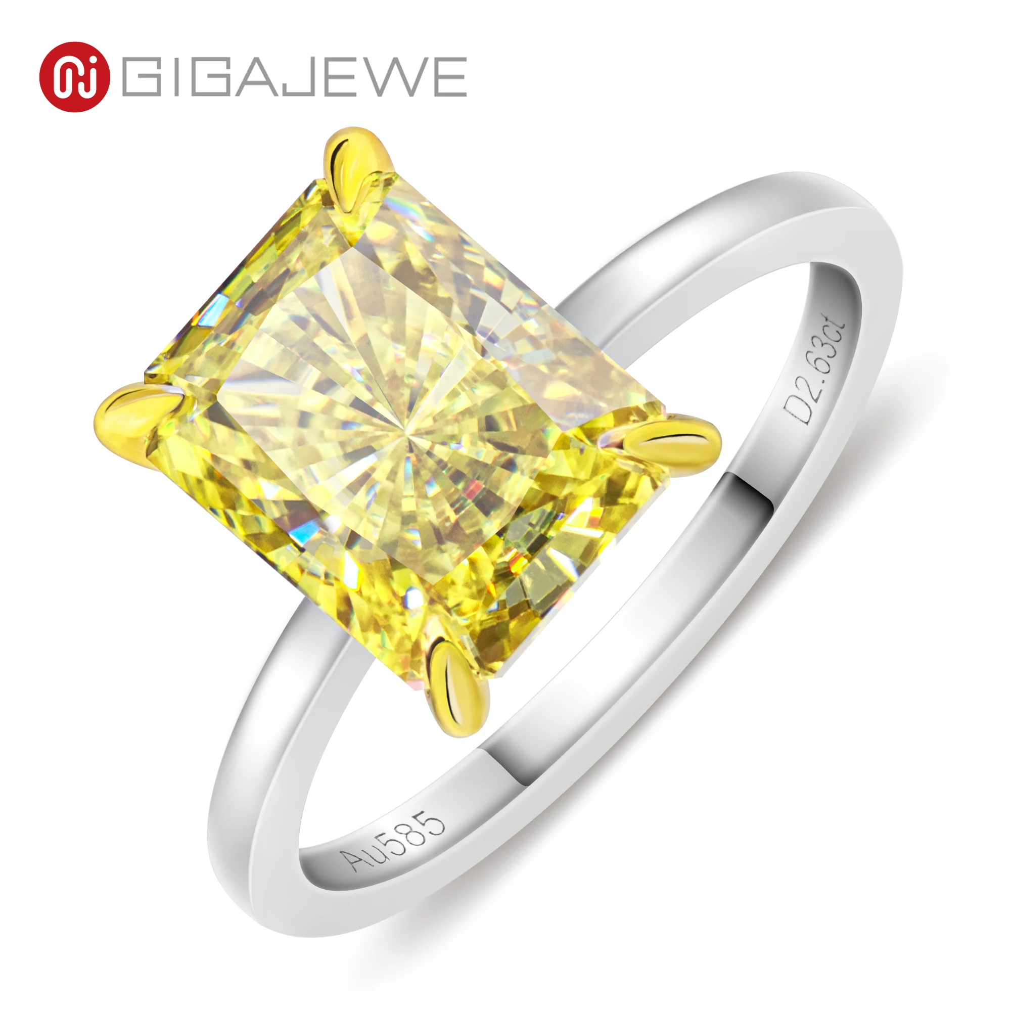 GIGAJEWE 3.0ct 7x9mm Vivid Yellow Color Moissanite VVS1 Crushed Ice Radiant Cut 18K White Gold Ring Customized Jewelry Girl Gift