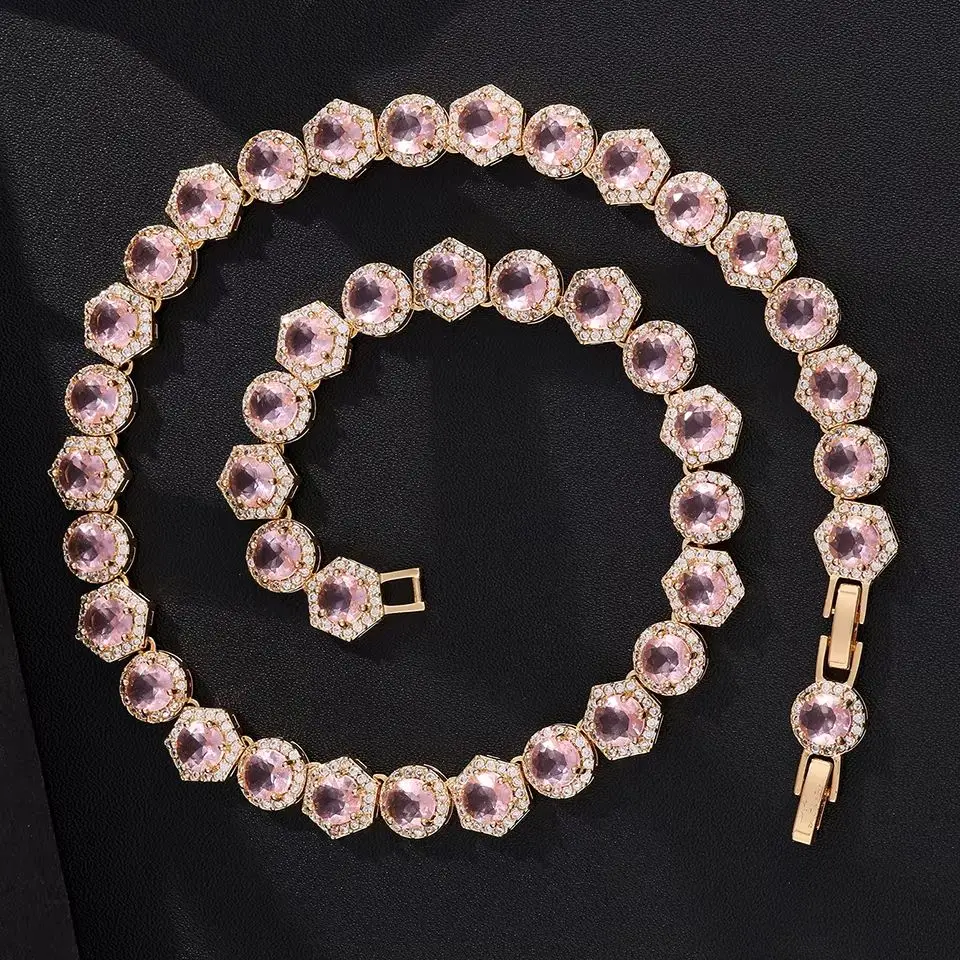 Luxuriöse Halo-Rund-CZ-Tennis-Ketten-Halskette für Damen, mehrfarbige Kristall-Hexagon-Rahmen-Gliederkette, Bankett-Modeschmuck – Detail 5