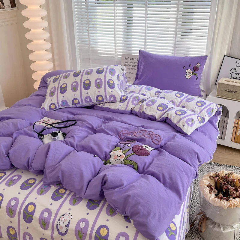 Purple Tulip Bunny Duvet Cover 4pcs Bedding Set Reversible Quilt Cover Polyester Comforter Cover 1 Flat Sheet with 2 Pillowcases