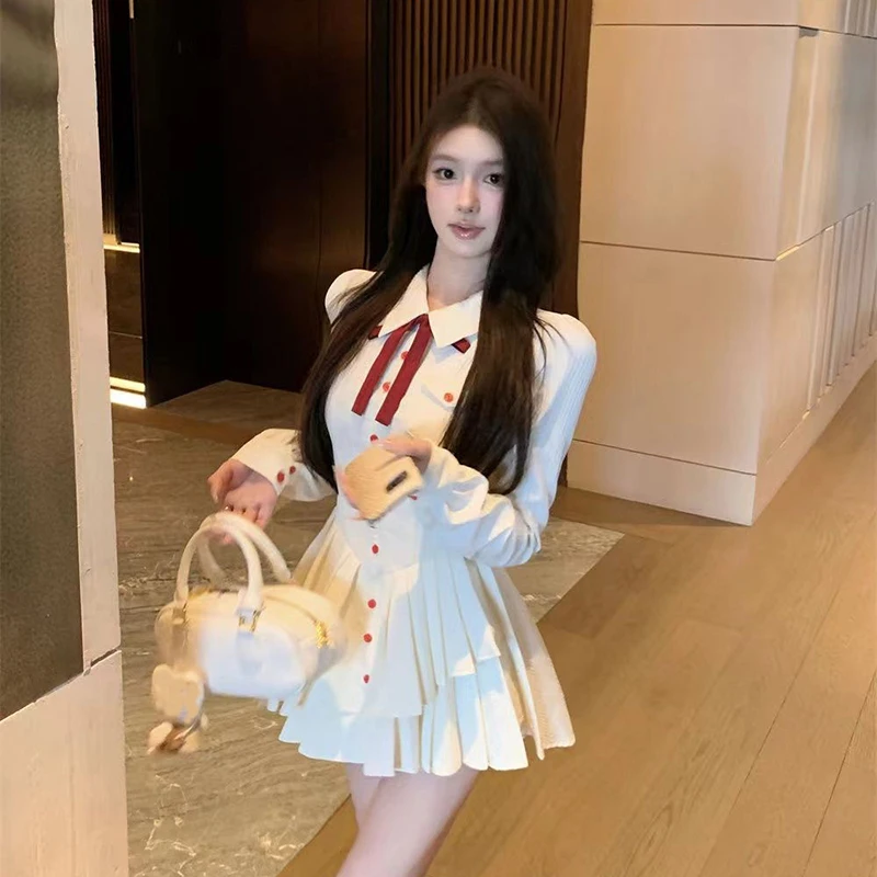 فستان قصير بفيونكة حلوة للنساء للخريف بأكمام طويلة فساتين غير منتظمة بطيات مرقعة كاواي بأزرار بريبي بقصة ضيقة فساتين للطلاب #4