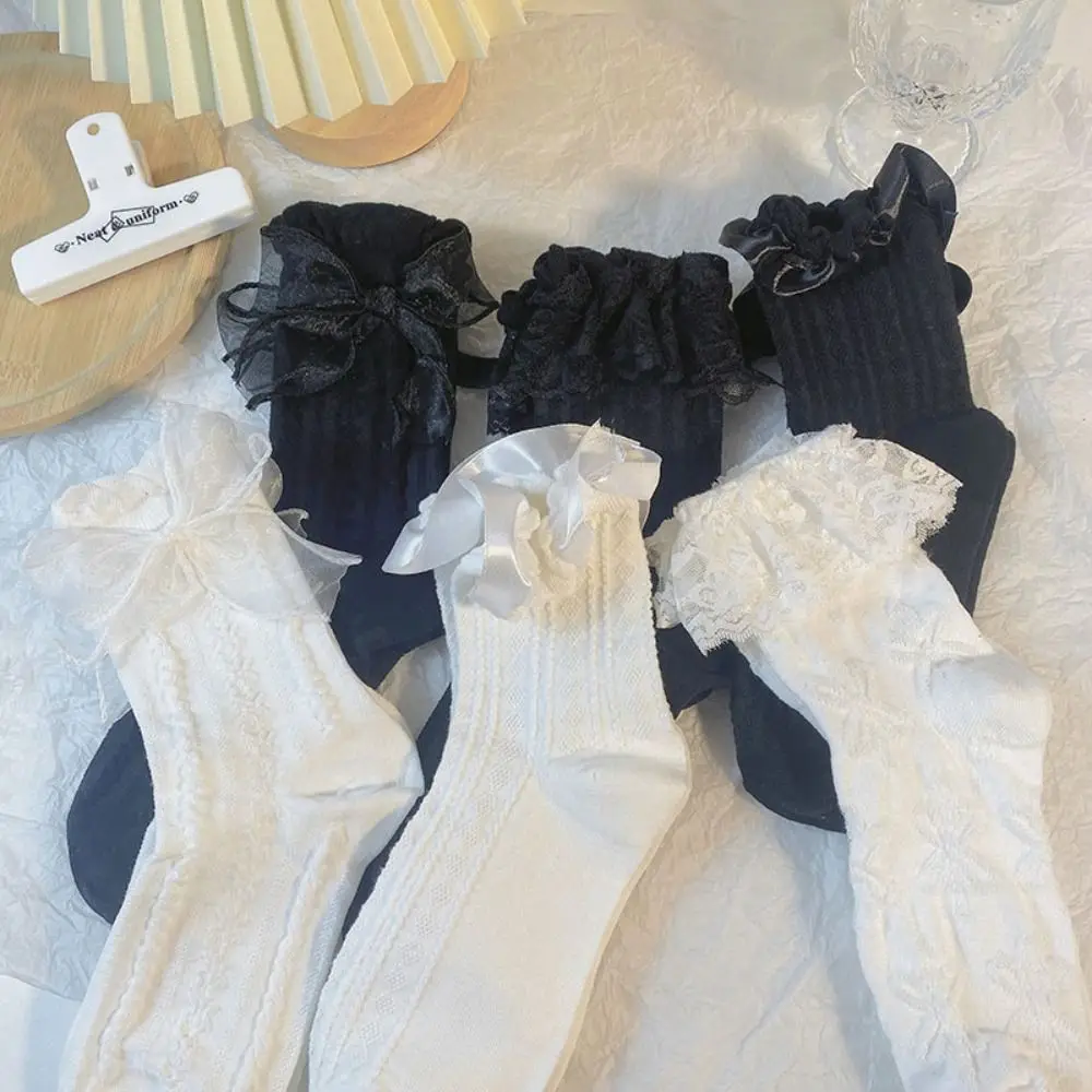 Black Sweet White Lace Socks Bow Princess Lolita Socks JK Soft Mary Jane Shoes Socks Girls