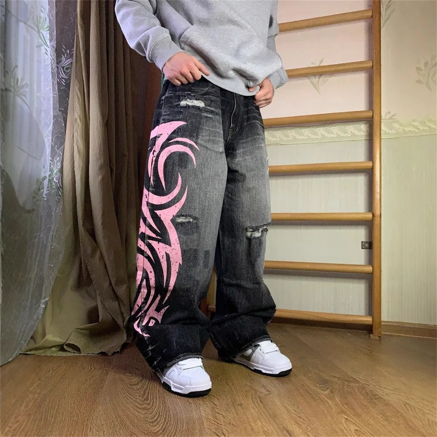 

Women's High Waist Wide Leg Black Jeans Pink Print Distressed Ripped Vintage Washed Y2K Streetwear Loose Denim Trousers