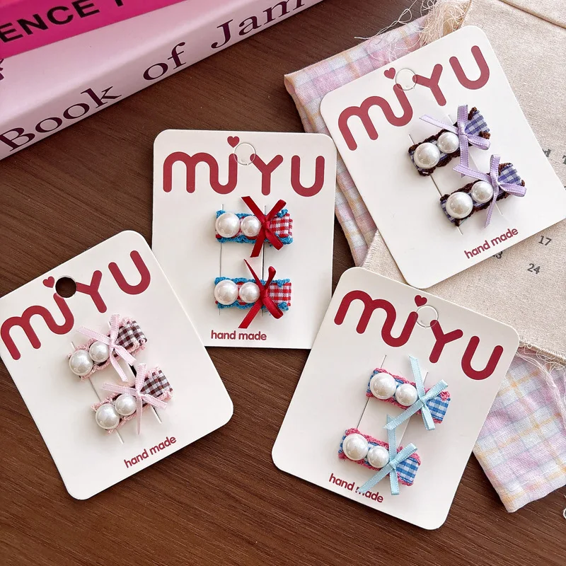 

Миниатюрные заколки для волос в клетку с жемчугом для маленьких девочек, тканевые боковые заколки, милые детские заколки-зажимы, аксессуары для волос