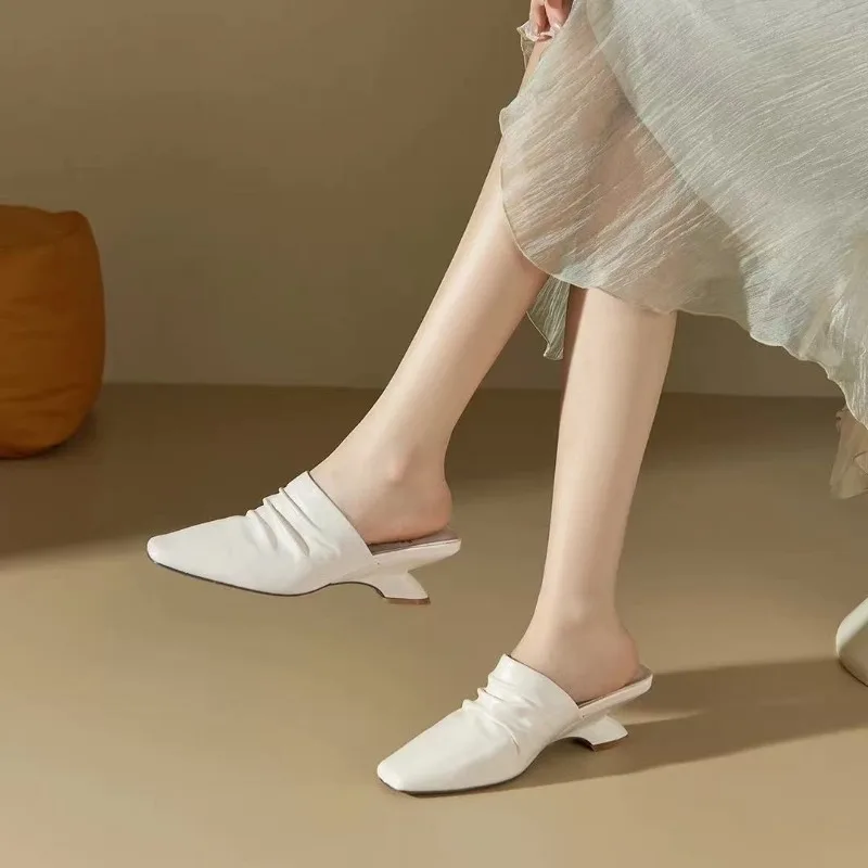 

French Square-toe Pleated Women's Outer Slippers Spring and Summer New Shallow Mouth Wrapped Head Half Drag