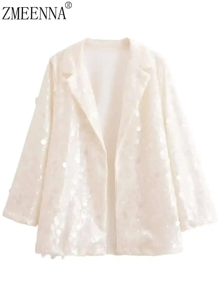 

ZMEENNA Turn-down Collar Sequins Patchwork Solid Color Long-sleeve Blazers For Women's 2024 Autumn Winter New ZM317