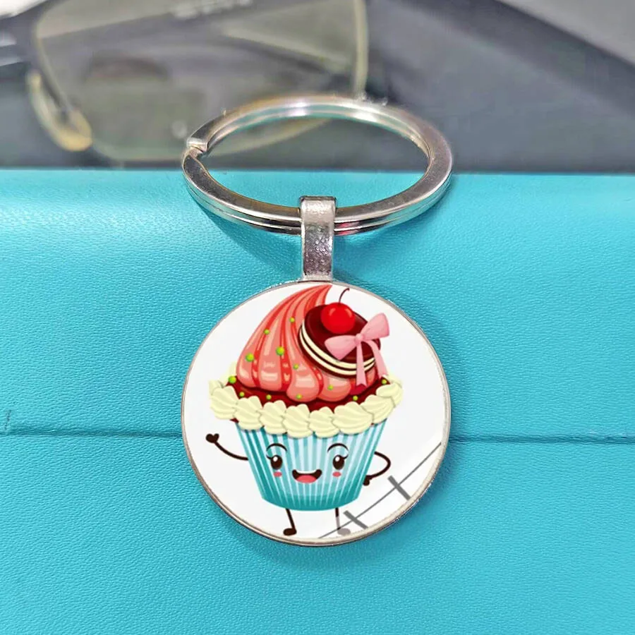 Hit Product Sweet Cake Pattern Glass Cabochon Key Chain Lovely Pastry Pendant Women Bag Car Key Holder Party Favor Gift